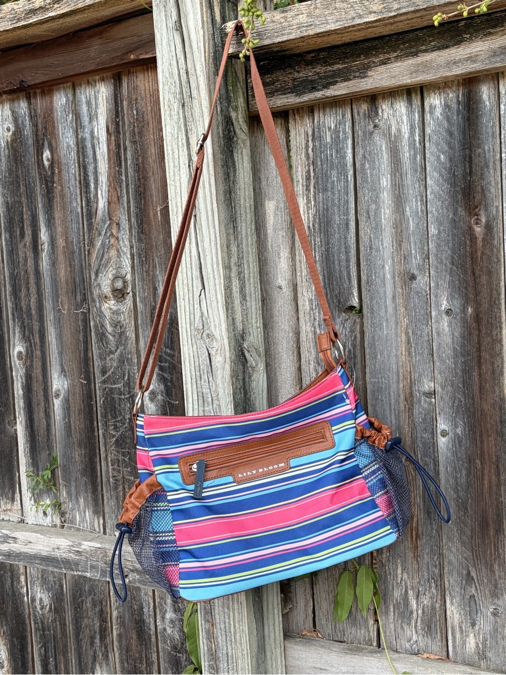 Lily Bloom Striped Blue and Pink Crossbody Bag with Brown Trim